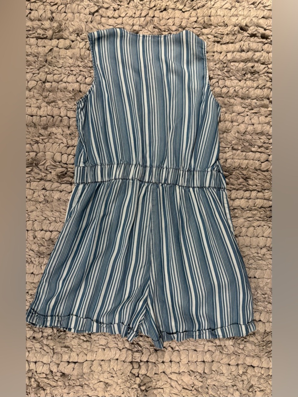 Zac & Rachel Striped Blue Tie-Waist Button Front Romper - Picture 3 of 9